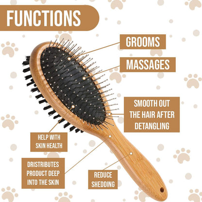 Kylepet Double-Sided Pet Slicker Brush with Bamboo Handle for Grooming Long-Haired Dogs and Cats - Effective Shedding, Tangle, and Dead Undercoat Removal