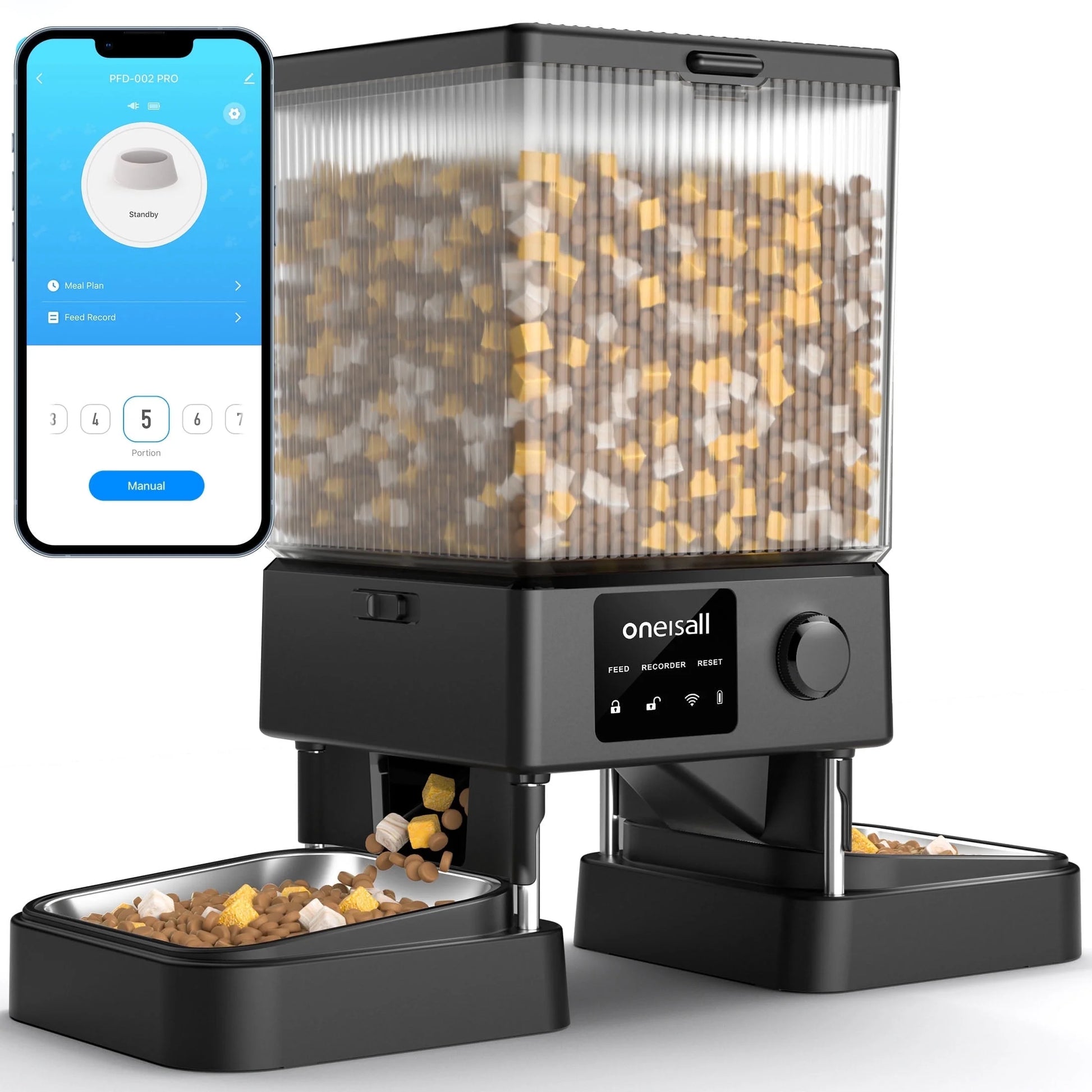 5L Automatic Cat Feeder with Wi-Fi and App Control, PFD-002 PRO Double Bowl Pet Food Dispenser with Desiccant Bag, Timed Automatic Feeder for Cats and Small Dogs - Black