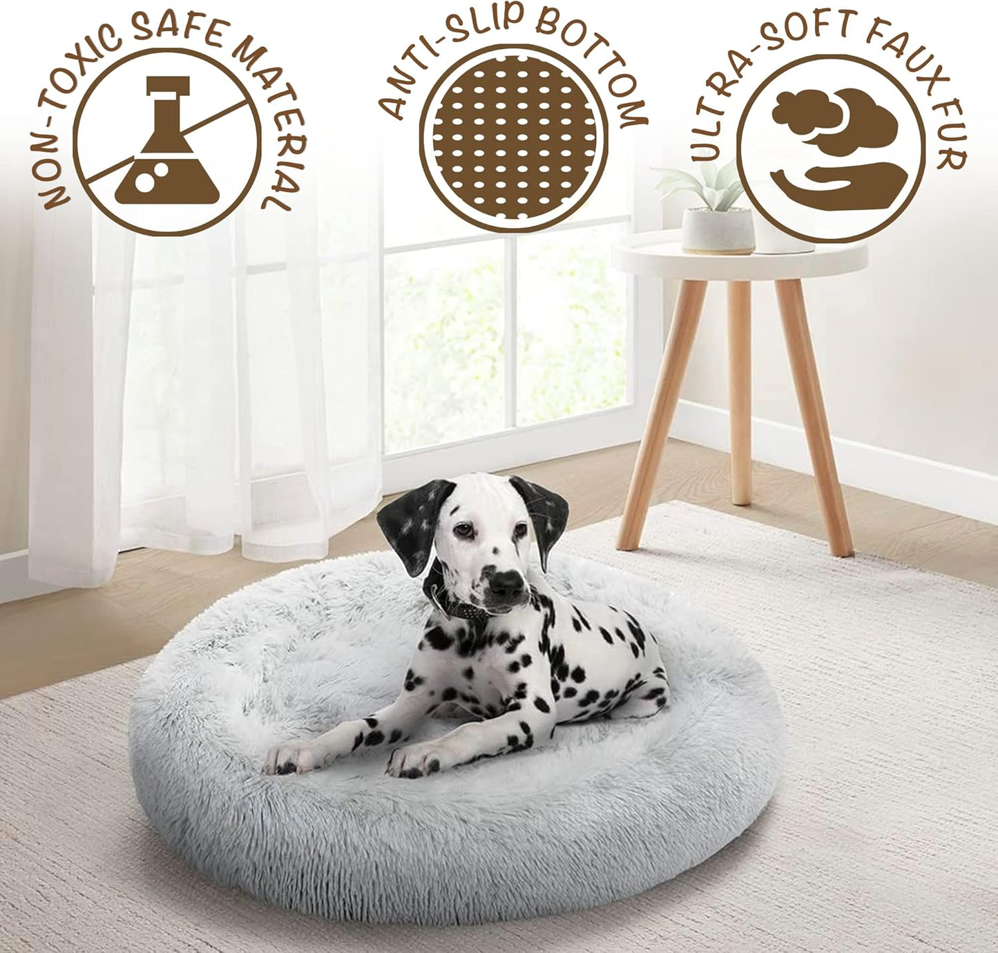 Faux Fur Donut Dog Bed - Calming Plush Sofa for Small Dogs, Anti-Anxiety Pet Couch, Machine Washable with Non-Slip Bottom, 23" x 23" x 6", Ivory