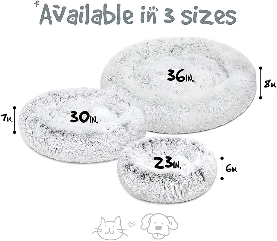 Faux Fur Donut Dog Bed - Calming Plush Sofa for Small Dogs, Anti-Anxiety Pet Couch, Machine Washable with Non-Slip Bottom, 23" x 23" x 6", Ivory