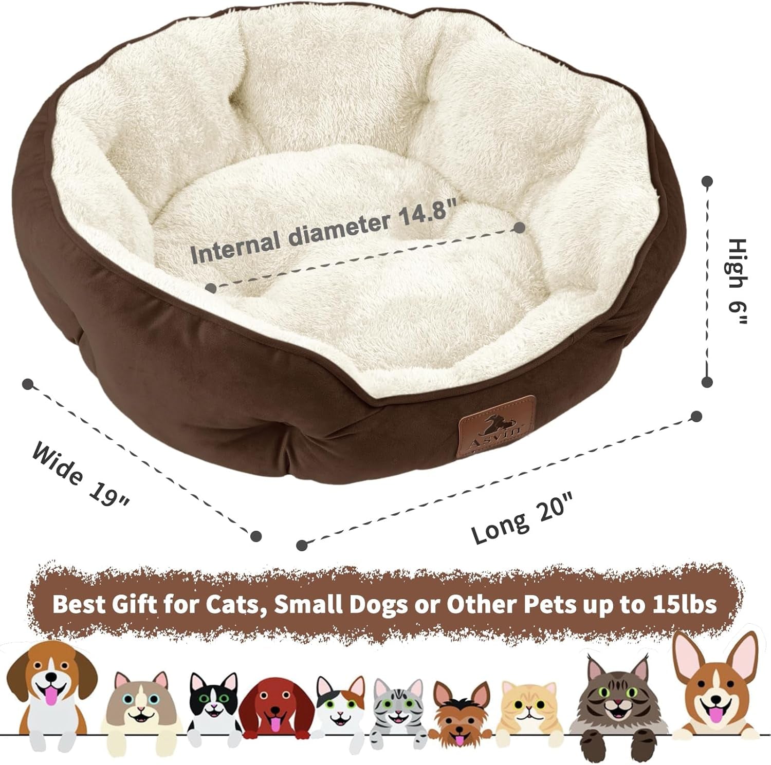 Premium Small Dog and Cat Bed, Extra Soft and Machine Washable, Anti-Slip Water-Resistant Oxford Base, 20 Inches, Brown