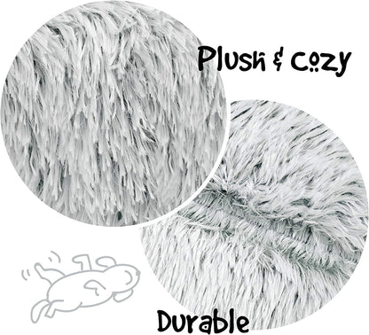Faux Fur Donut Dog Bed - Calming Plush Sofa for Small Dogs, Anti-Anxiety Pet Couch, Machine Washable with Non-Slip Bottom, 23" x 23" x 6", Ivory