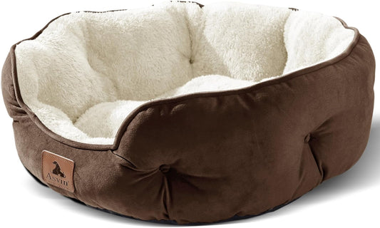 Premium Small Dog and Cat Bed, Extra Soft and Machine Washable, Anti-Slip Water-Resistant Oxford Base, 20 Inches, Brown