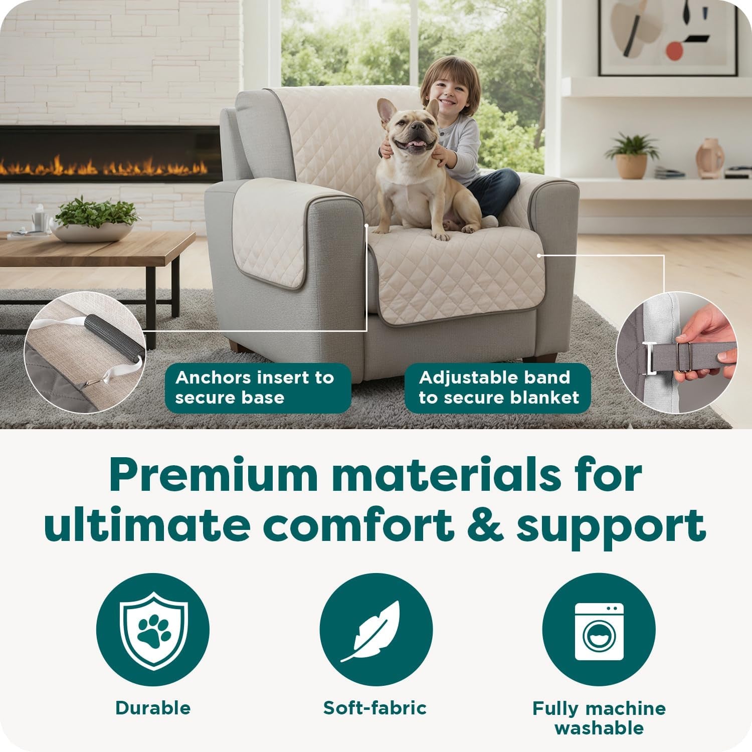 Water-Resistant Reversible Sofa Cover for Pets, Quilted Fabric with Secure Straps, Machine Washable, Large Size, Gray Mist