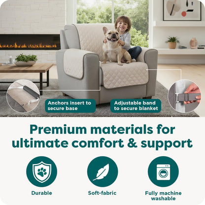 Water-Resistant Reversible Sofa Cover for Pets, Quilted Fabric with Secure Straps, Machine Washable, Large Size, Gray Mist