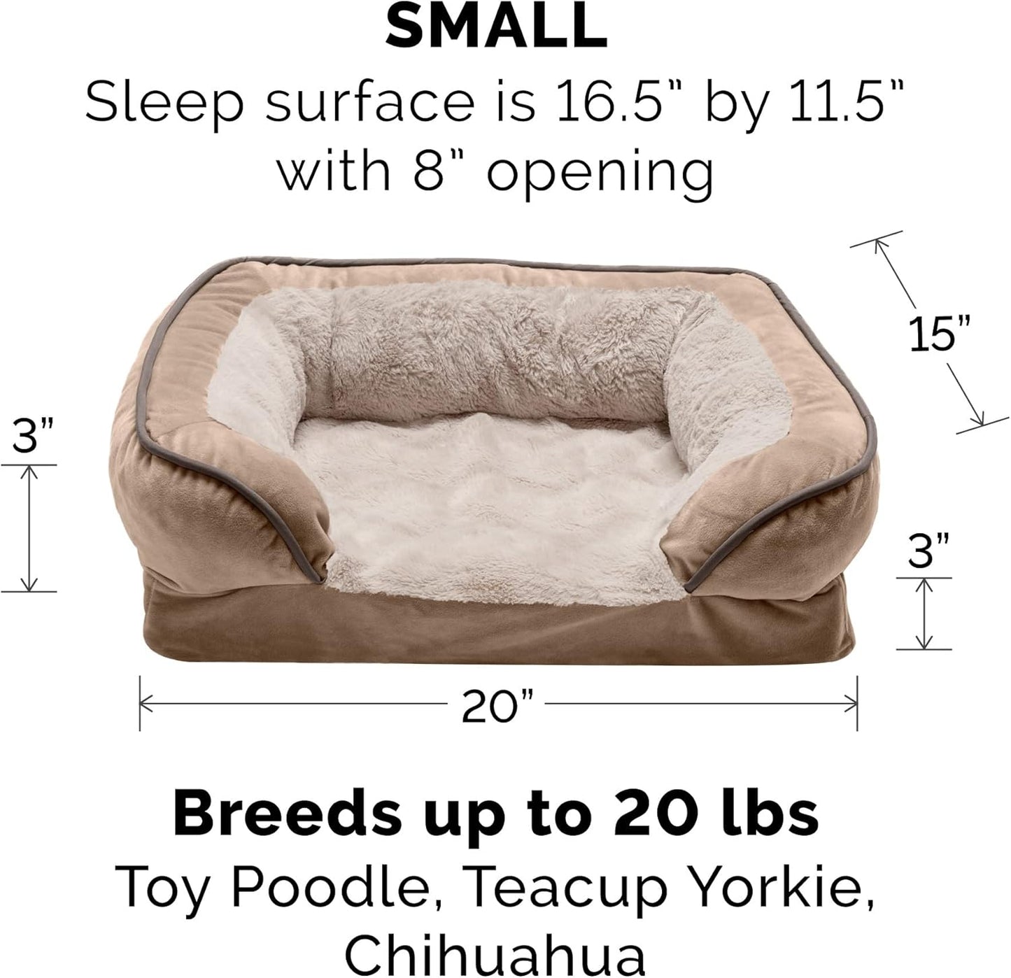 Orthopedic Small Dog Bed with Removable Bolsters and Washable Cover, Ideal for Dogs up to 20 lbs - Plush Velvet Sofa in Brownstone
