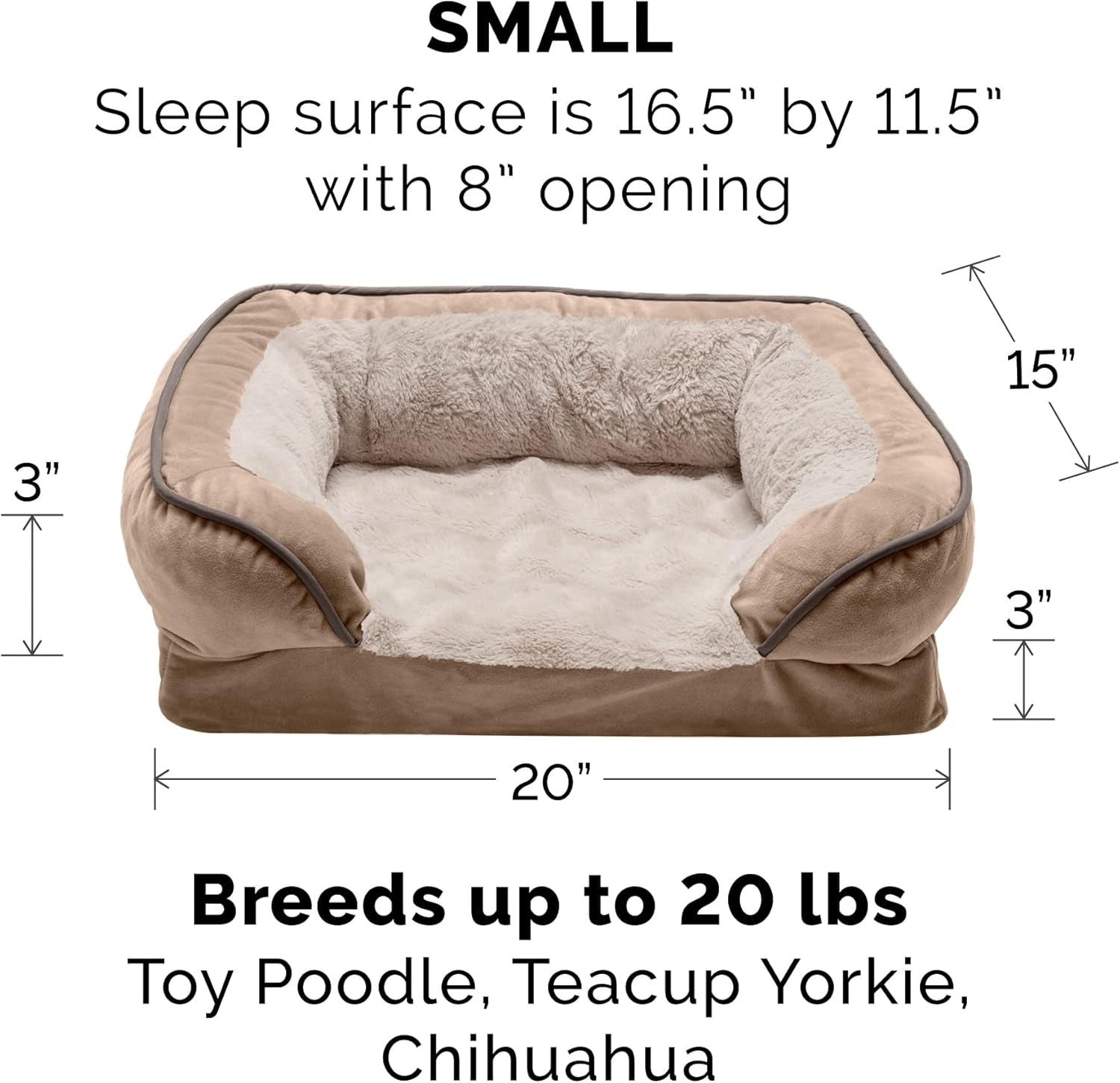 Orthopedic Small Dog Bed with Removable Bolsters and Washable Cover, Ideal for Dogs up to 20 lbs - Plush Velvet Sofa in Brownstone