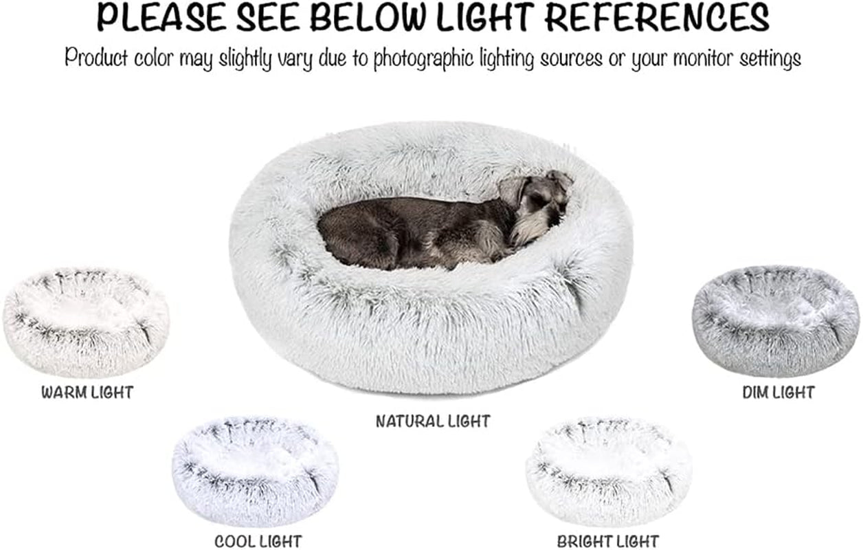 Faux Fur Donut Dog Bed - Calming Plush Sofa for Small Dogs, Anti-Anxiety Pet Couch, Machine Washable with Non-Slip Bottom, 23" x 23" x 6", Ivory