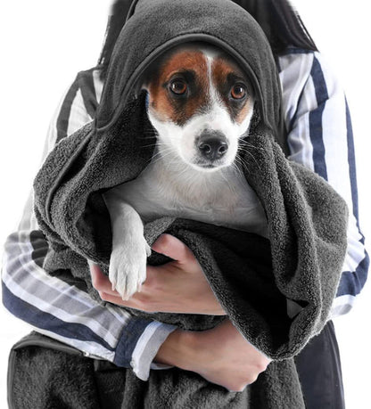 Super Absorbent Microfiber Hooded Bath Towel for Pets - Quick Drying Soft Robe for Dogs and Cats, 40" x 40" (Grey)