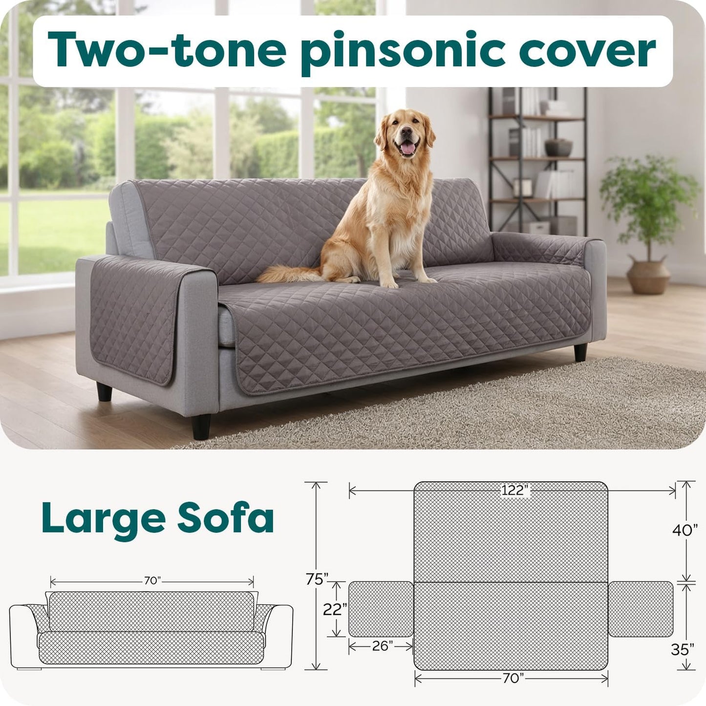 Water-Resistant Reversible Sofa Cover for Pets, Quilted Fabric with Secure Straps, Machine Washable, Large Size, Gray Mist