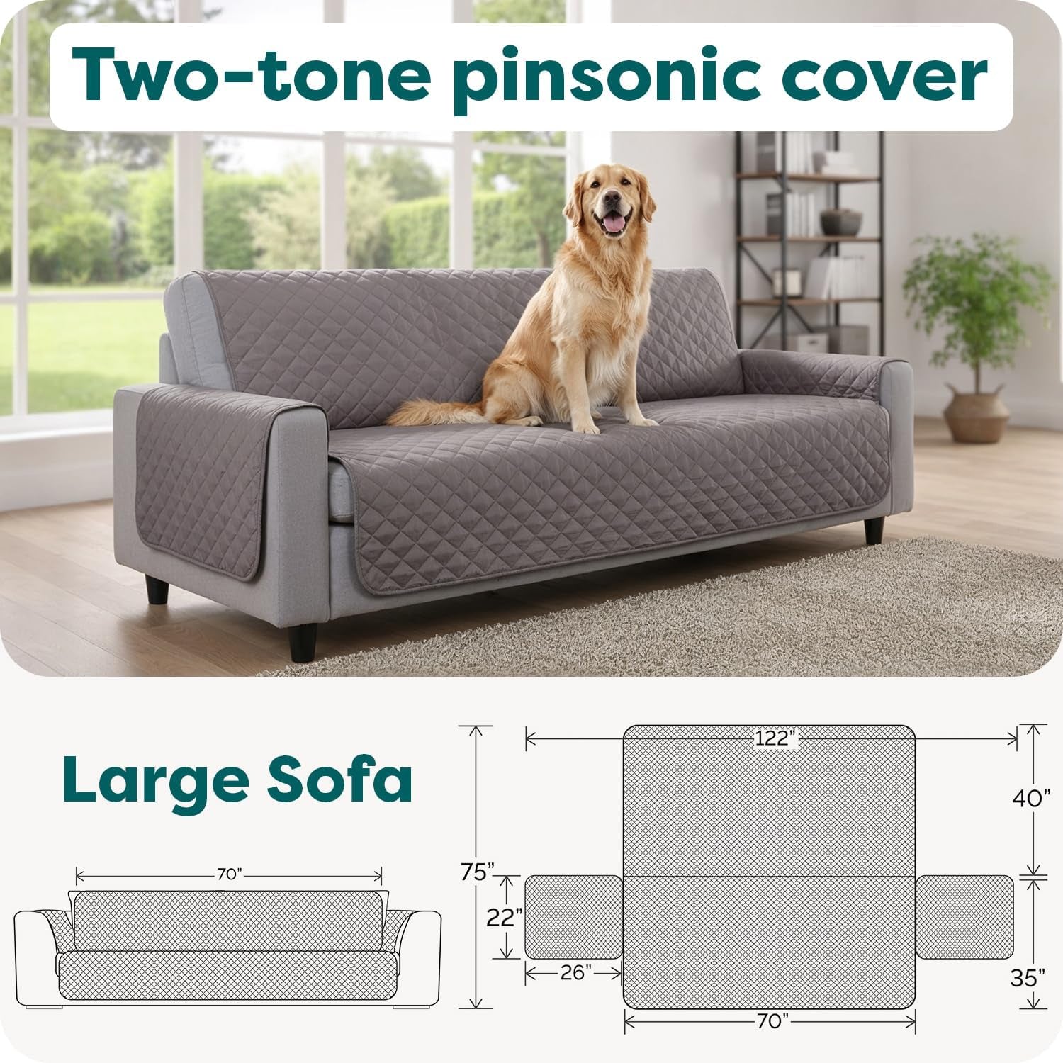 Water-Resistant Reversible Sofa Cover for Pets, Quilted Fabric with Secure Straps, Machine Washable, Large Size, Gray Mist