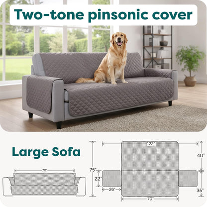 Water-Resistant Reversible Sofa Cover for Pets, Quilted Fabric with Secure Straps, Machine Washable, Large Size, Gray Mist