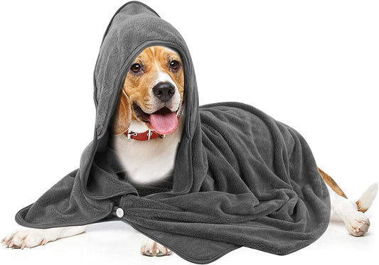 Super Absorbent Microfiber Hooded Bath Towel for Pets - Quick Drying Soft Robe for Dogs and Cats, 40" x 40" (Grey)