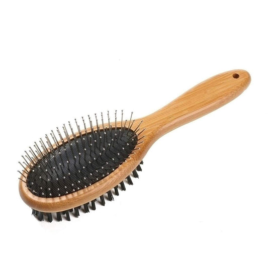 Kylepet Double-Sided Pet Slicker Brush with Bamboo Handle for Grooming Long-Haired Dogs and Cats - Effective Shedding, Tangle, and Dead Undercoat Removal