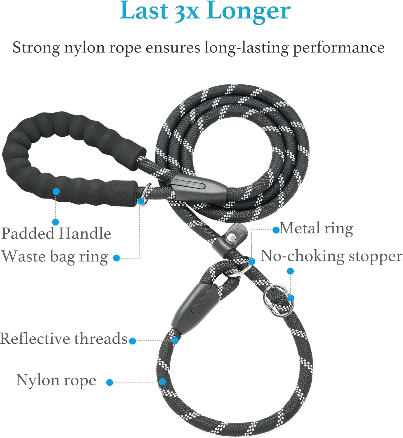 Premium Slip Lead Dog Leash with Padded Handle and Reflective Threads, No-Pull Training Leash, 1/2" x 6 FT, Black