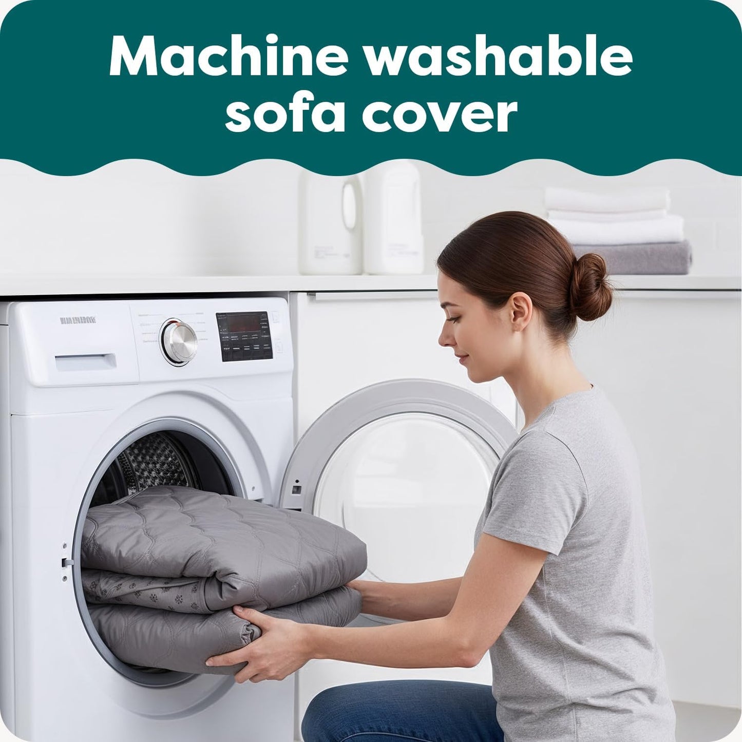 Water-Resistant Reversible Sofa Cover for Pets, Quilted Fabric with Secure Straps, Machine Washable, Large Size, Gray Mist