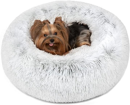 Faux Fur Donut Dog Bed - Calming Plush Sofa for Small Dogs, Anti-Anxiety Pet Couch, Machine Washable with Non-Slip Bottom, 23" x 23" x 6", Ivory