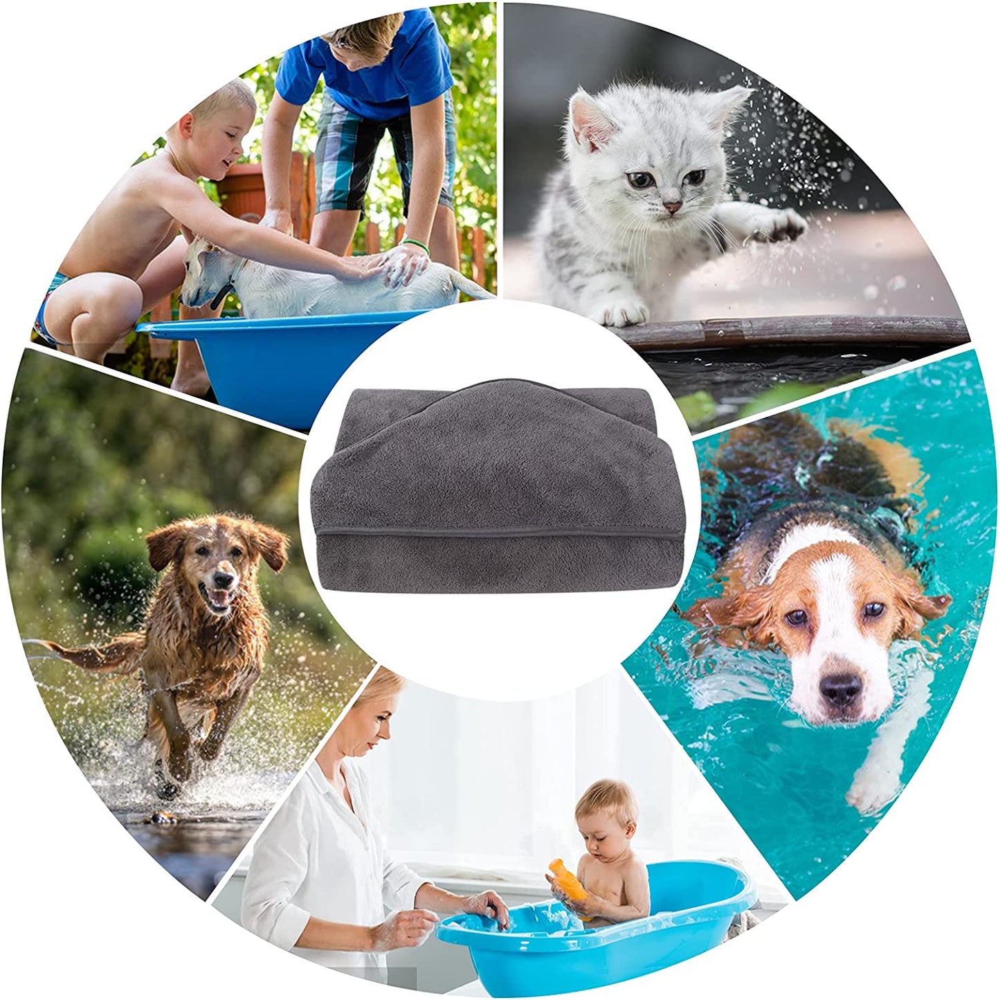 Super Absorbent Microfiber Hooded Bath Towel for Pets - Quick Drying Soft Robe for Dogs and Cats, 40" x 40" (Grey)