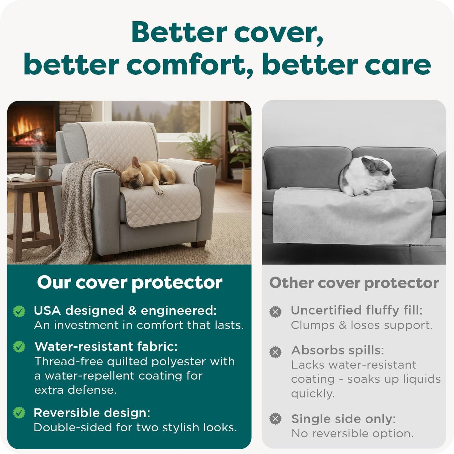 Water-Resistant Reversible Sofa Cover for Pets, Quilted Fabric with Secure Straps, Machine Washable, Large Size, Gray Mist