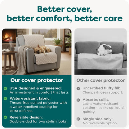 Water-Resistant Reversible Sofa Cover for Pets, Quilted Fabric with Secure Straps, Machine Washable, Large Size, Gray Mist