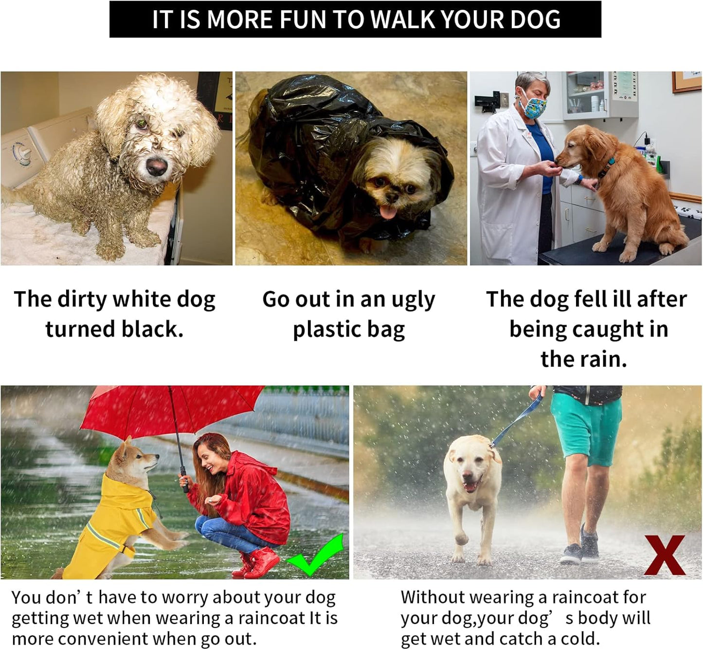 Hooded Dog Raincoat in Various Sizes and Colors, Lightweight Waterproof Slicker with Reflective Strip and Adjustable Drawstring