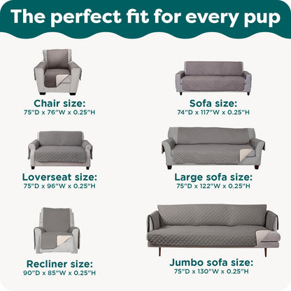 Water-Resistant Reversible Sofa Cover for Pets, Quilted Fabric with Secure Straps, Machine Washable, Large Size, Gray Mist