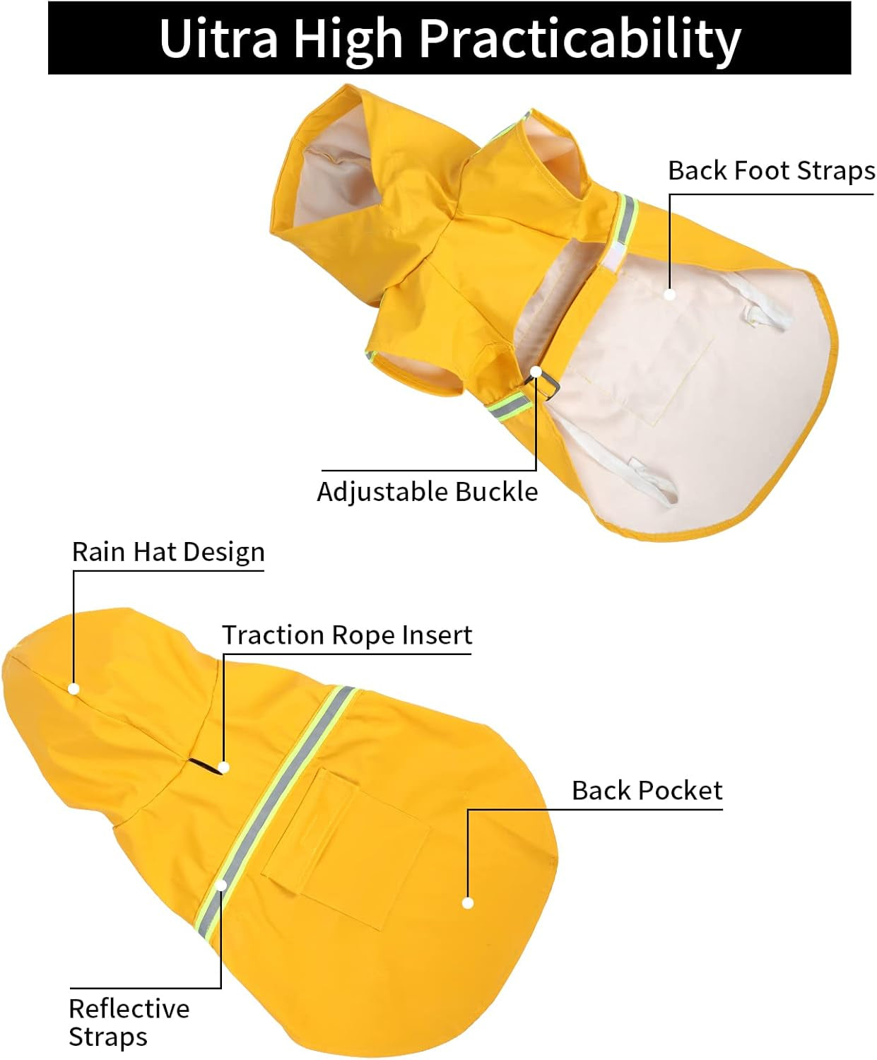 Hooded Dog Raincoat in Various Sizes and Colors, Lightweight Waterproof Slicker with Reflective Strip and Adjustable Drawstring
