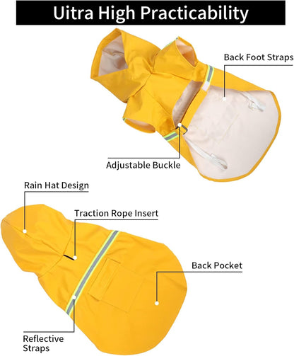 Hooded Dog Raincoat in Various Sizes and Colors, Lightweight Waterproof Slicker with Reflective Strip and Adjustable Drawstring