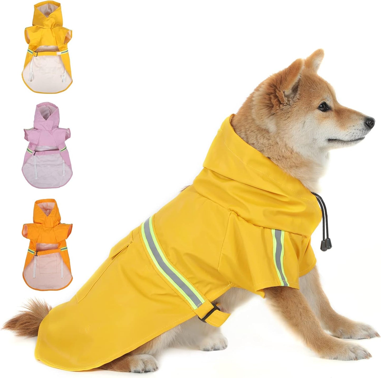 Hooded Dog Raincoat in Various Sizes and Colors, Lightweight Waterproof Slicker with Reflective Strip and Adjustable Drawstring