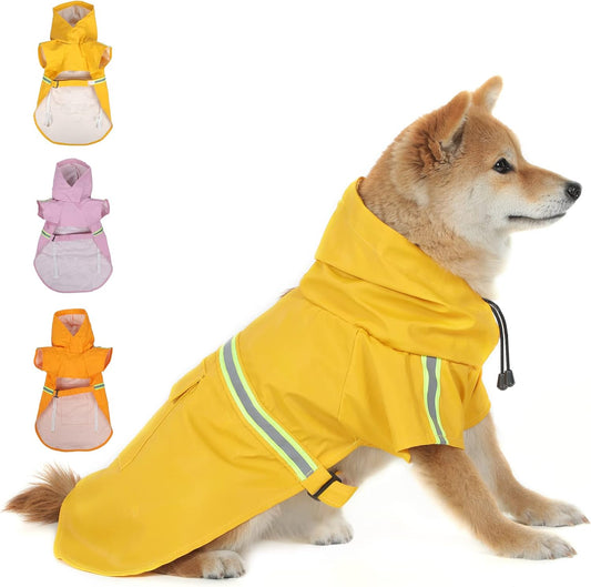Hooded Dog Raincoat in Various Sizes and Colors, Lightweight Waterproof Slicker with Reflective Strip and Adjustable Drawstring